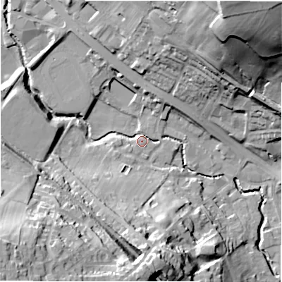 Shaded relief map of the ground around WF156AT, computed from Environment Agency LiDAR. The ground here sits at about 65 m above sea level and falls 56 m across the surrounding 800 m. Surface water reaching this point runs off ground lying to the north-north-east, 48.1 m higher.