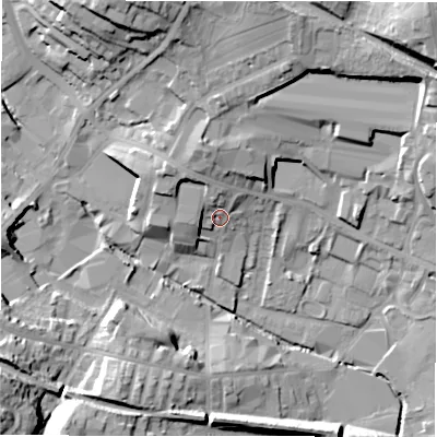 Shaded relief map of the ground around WF156BE, computed from Environment Agency LiDAR. The ground here sits at about 61 m above sea level and falls 34 m across the surrounding 800 m. Surface water reaching this point runs off ground lying to the north-west, 8.2 m higher.