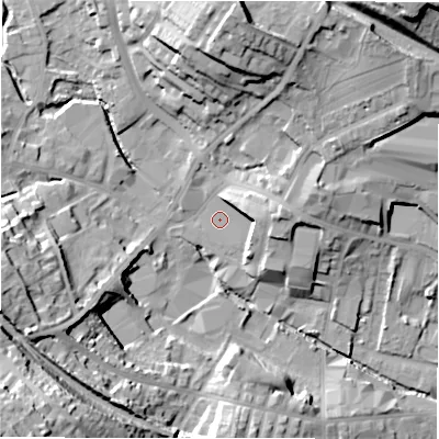 Shaded relief map of the ground around WF156BS, computed from Environment Agency LiDAR. The ground here sits at about 59 m above sea level and falls 41 m across the surrounding 800 m. Surface water reaching this point runs off ground lying to the north, 26.3 m higher.