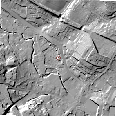 Shaded relief map of the ground around WF156BY, computed from Environment Agency LiDAR. The ground here sits at about 63 m above sea level and falls 40 m across the surrounding 800 m. Surface water reaching this point runs off ground lying to the north, 8.7 m higher.