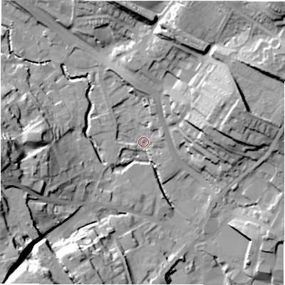 Shaded relief map of the ground around WF156BZ, computed from Environment Agency LiDAR. The ground here sits at about 60 m above sea level and falls 37 m across the surrounding 800 m. Surface water reaching this point runs off ground lying to the north, 10.8 m higher.