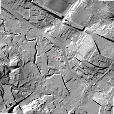 Shaded relief map of the ground around WF156DA, computed from Environment Agency LiDAR. The ground here sits at about 61 m above sea level and falls 41 m across the surrounding 800 m. Surface water reaching this point runs off ground lying to the north, 9.3 m higher.
