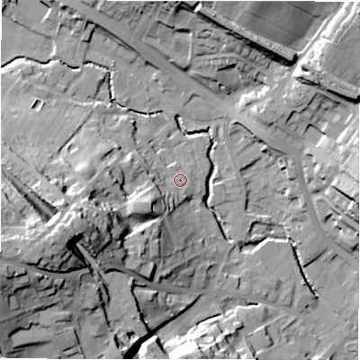 Shaded relief map of the ground around WF156DG, computed from Environment Agency LiDAR. The ground here sits at about 64 m above sea level and falls 40 m across the surrounding 800 m. Surface water reaching this point runs off ground lying to the south-west, 13.3 m higher.