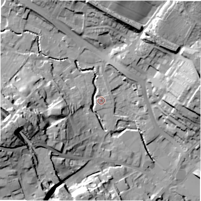 Shaded relief map of the ground around WF156DH, computed from Environment Agency LiDAR. The ground here sits at about 62 m above sea level and falls 39 m across the surrounding 800 m. Surface water reaching this point runs off ground lying to the west-south-west, 36.3 m higher.