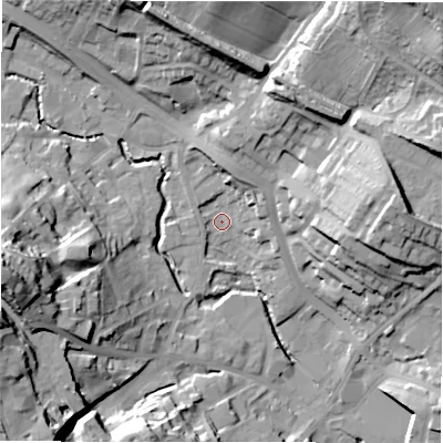 Shaded relief map of the ground around WF156DJ, computed from Environment Agency LiDAR. The ground here sits at about 61 m above sea level and falls 41 m across the surrounding 800 m. Surface water reaching this point runs off ground lying to the north-north-east, 9.8 m higher.