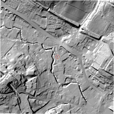Shaded relief map of the ground around WF156DL, computed from Environment Agency LiDAR. The ground here sits at about 61 m above sea level and falls 44 m across the surrounding 800 m. Surface water reaching this point runs off ground lying to the north-east, 41.9 m higher.