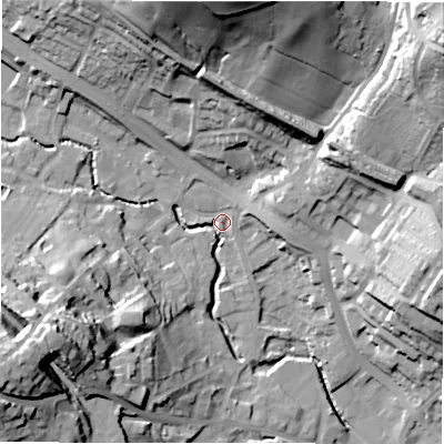Shaded relief map of the ground around WF156DN, computed from Environment Agency LiDAR. The ground here sits at about 62 m above sea level and falls 43 m across the surrounding 800 m. Surface water reaching this point runs off ground lying to the north, 40.3 m higher.