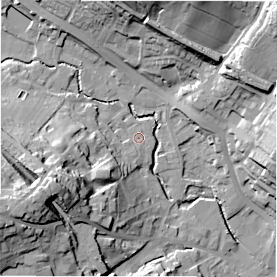 Shaded relief map of the ground around WF156DQ, computed from Environment Agency LiDAR. The ground here sits at about 63 m above sea level and falls 39 m across the surrounding 800 m. Surface water reaching this point runs off ground lying to the south-west, 14.4 m higher.