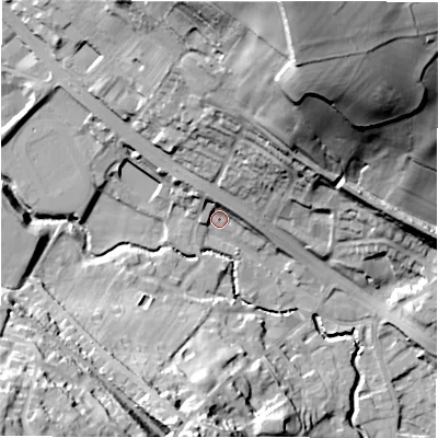 Shaded relief map of the ground around WF156DU, computed from Environment Agency LiDAR. The ground here sits at about 64 m above sea level and falls 60 m across the surrounding 800 m. Surface water reaching this point runs off ground lying to the north-north-west, 6.1 m higher.