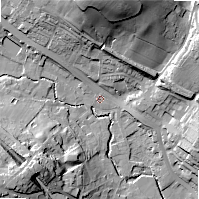 Shaded relief map of the ground around WF156EB, computed from Environment Agency LiDAR. The ground here sits at about 63 m above sea level and falls 52 m across the surrounding 800 m. Surface water reaching this point runs off ground lying to the north, 46.6 m higher.