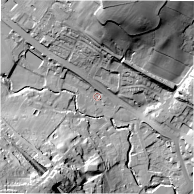 Shaded relief map of the ground around WF156EE, computed from Environment Agency LiDAR. The ground here sits at about 63 m above sea level and falls 56 m across the surrounding 800 m. Surface water reaching this point runs off ground lying to the north-west, 7.2 m higher.
