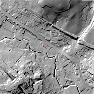 Shaded relief map of the ground around WF156EF, computed from Environment Agency LiDAR. The ground here sits at about 63 m above sea level and falls 53 m across the surrounding 800 m. Surface water reaching this point runs off ground lying to the north, 48.3 m higher.