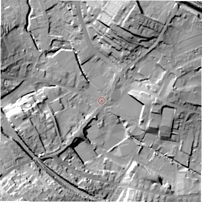 Shaded relief map of the ground around WF156JB, computed from Environment Agency LiDAR. The ground here sits at about 59 m above sea level and falls 43 m across the surrounding 800 m. Surface water reaching this point runs off ground lying to the north-north-east, 26.3 m higher.