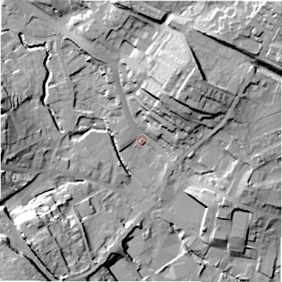 Shaded relief map of the ground around WF156JE, computed from Environment Agency LiDAR. The ground here sits at about 60 m above sea level and falls 38 m across the surrounding 800 m. Surface water reaching this point runs off ground lying to the north-east, 32.1 m higher.