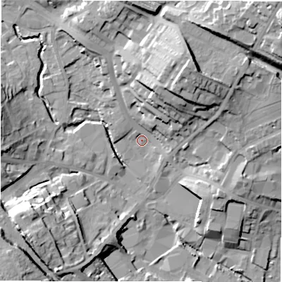 Shaded relief map of the ground around WF156JF, computed from Environment Agency LiDAR. The ground here sits at about 59 m above sea level and falls 38 m across the surrounding 800 m. Surface water reaching this point runs off ground lying to the north-east, 27.8 m higher.