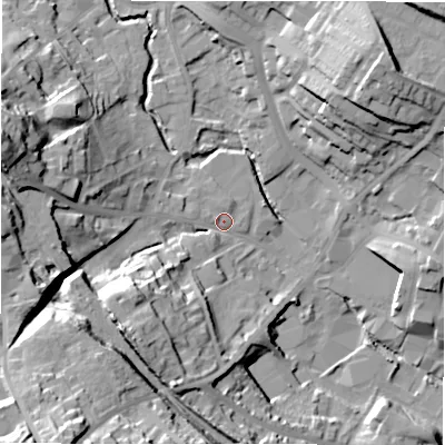 Shaded relief map of the ground around WF156JL, computed from Environment Agency LiDAR. The ground here sits at about 61 m above sea level and falls 39 m across the surrounding 800 m. Surface water reaching this point runs off ground lying to the south-west, 33.9 m higher.