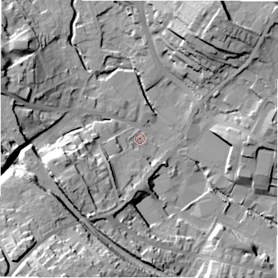 Shaded relief map of the ground around WF156JN, computed from Environment Agency LiDAR. The ground here sits at about 61 m above sea level and falls 43 m across the surrounding 800 m. Surface water reaching this point runs off ground lying to the west-south-west, 24.3 m higher.