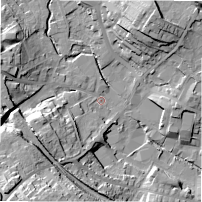 Shaded relief map of the ground around WF156JQ, computed from Environment Agency LiDAR. The ground here sits at about 60 m above sea level and falls 43 m across the surrounding 800 m. Surface water reaching this point runs off ground lying to the west-south-west, 25.6 m higher.