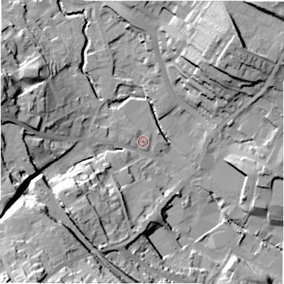 Shaded relief map of the ground around WF156JS, computed from Environment Agency LiDAR. The ground here sits at about 61 m above sea level and falls 38 m across the surrounding 800 m. Surface water reaching this point runs off ground lying to the west, 3.7 m higher.