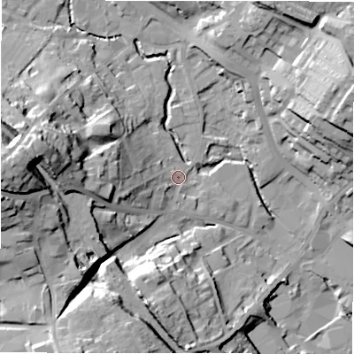 Shaded relief map of the ground around WF156JY, computed from Environment Agency LiDAR. The ground here sits at about 63 m above sea level and falls 40 m across the surrounding 800 m. Surface water reaching this point runs off ground lying to the west-north-west, 31.2 m higher.