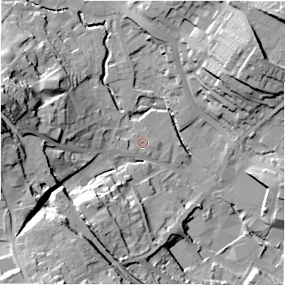 Shaded relief map of the ground around WF156JZ, computed from Environment Agency LiDAR. The ground here sits at about 62 m above sea level and falls 37 m across the surrounding 800 m. Surface water reaching this point runs off ground lying to the west-south-west, 1.8 m higher.