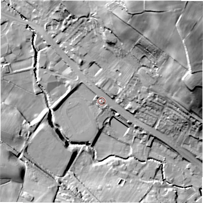 Shaded relief map of the ground around WF156LW, computed from Environment Agency LiDAR. The ground here sits at about 70 m above sea level and falls 67 m across the surrounding 800 m. Surface water reaching this point runs off ground lying to the north-west, 0.7 m higher.