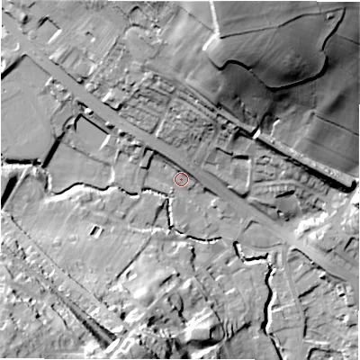 Shaded relief map of the ground around WF156QN, computed from Environment Agency LiDAR. The ground here sits at about 64 m above sea level and falls 59 m across the surrounding 800 m. Surface water reaching this point runs off ground lying to the north-west, 6.6 m higher.