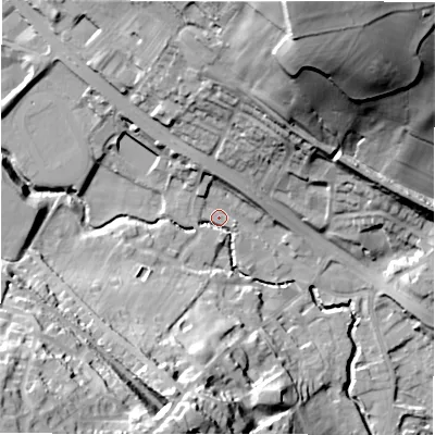 Shaded relief map of the ground around WF156QP, computed from Environment Agency LiDAR. The ground here sits at about 64 m above sea level and falls 59 m across the surrounding 800 m. Surface water reaching this point runs off ground lying to the north-north-west, 6.4 m higher.
