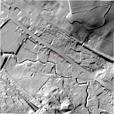 Shaded relief map of the ground around WF156QW, computed from Environment Agency LiDAR. The ground here sits at about 64 m above sea level and falls 59 m across the surrounding 800 m. Surface water reaching this point runs off ground lying to the north-west, 6.4 m higher.