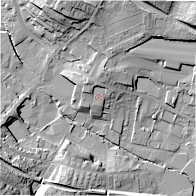 Shaded relief map of the ground around WF156RA, computed from Environment Agency LiDAR. The ground here sits at about 65 m above sea level and falls 32 m across the surrounding 800 m. Surface water reaching this point runs off ground lying to the west-north-west, 2.7 m higher.
