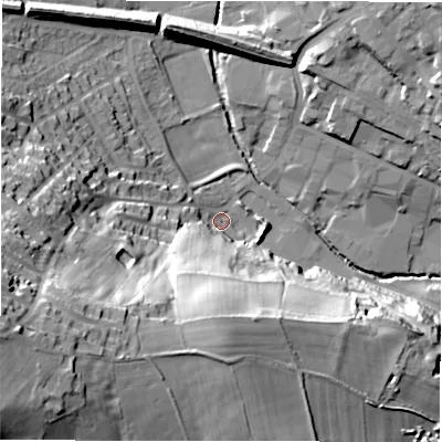 Shaded relief map of the ground around WF157BA, computed from Environment Agency LiDAR. The ground here sits at about 54 m above sea level and falls 52 m across the surrounding 800 m. Surface water reaching this point runs off ground lying to the west-south-west, 48.2 m higher.