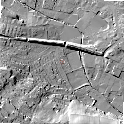 Shaded relief map of the ground around WF157BH, computed from Environment Agency LiDAR. The ground here sits at about 55 m above sea level and falls 59 m across the surrounding 800 m. Surface water reaching this point runs off ground lying to the south-south-west, 2.0 m higher.