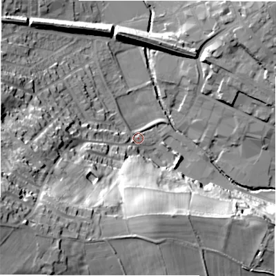 Shaded relief map of the ground around WF157BJ, computed from Environment Agency LiDAR. The ground here sits at about 55 m above sea level and falls 54 m across the surrounding 800 m. Surface water reaching this point runs off ground lying to the west-south-west, 46.7 m higher.