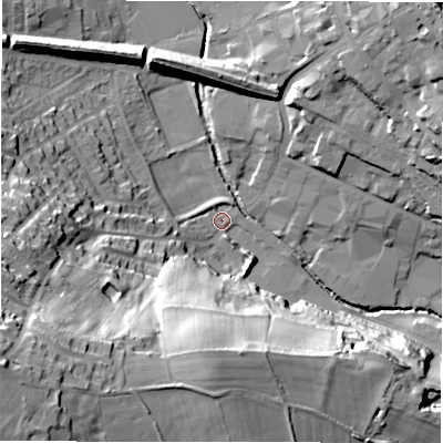 Shaded relief map of the ground around WF157BL, computed from Environment Agency LiDAR. The ground here sits at about 53 m above sea level and falls 52 m across the surrounding 800 m. Surface water reaching this point runs off ground lying to the west-south-west, 47.3 m higher.