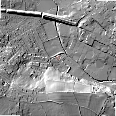 Shaded relief map of the ground around WF157BN, computed from Environment Agency LiDAR. The ground here sits at about 54 m above sea level and falls 52 m across the surrounding 800 m. Surface water reaching this point runs off ground lying to the south-west, 40.0 m higher.