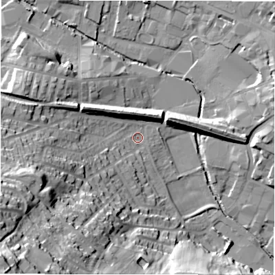 Shaded relief map of the ground around WF157BQ, computed from Environment Agency LiDAR. The ground here sits at about 55 m above sea level and falls 62 m across the surrounding 800 m. Surface water reaching this point runs off ground lying to the south-west, 56.9 m higher.