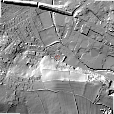 Shaded relief map of the ground around WF157BT, computed from Environment Agency LiDAR. The ground here sits at about 53 m above sea level and falls 52 m across the surrounding 800 m. Surface water reaching this point runs off ground lying to the west-south-west, 47.1 m higher.
