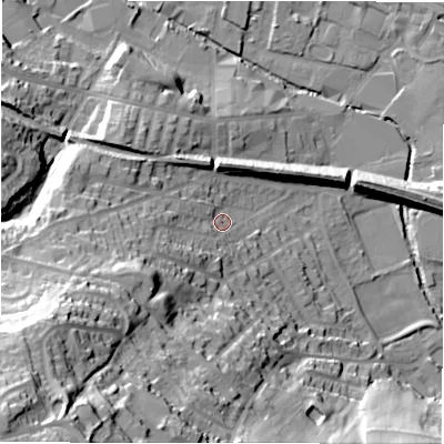 Shaded relief map of the ground around WF157EE, computed from Environment Agency LiDAR. The ground here sits at about 63 m above sea level and falls 68 m across the surrounding 800 m. Surface water reaching this point runs off ground lying to the west-south-west, 25.4 m higher.