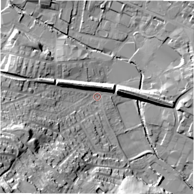 Shaded relief map of the ground around WF157EG, computed from Environment Agency LiDAR. The ground here sits at about 56 m above sea level and falls 60 m across the surrounding 800 m. Surface water reaching this point runs off ground lying to the south-west, 55.2 m higher.