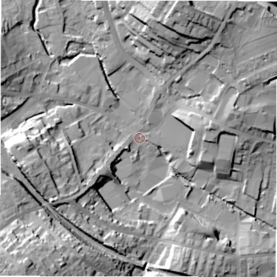 Shaded relief map of the ground around WF157EN, computed from Environment Agency LiDAR. The ground here sits at about 59 m above sea level and falls 44 m across the surrounding 800 m. Surface water reaching this point runs off ground lying to the north-north-east, 26.3 m higher.