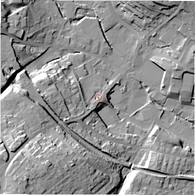 Shaded relief map of the ground around WF157ER, computed from Environment Agency LiDAR. The ground here sits at about 66 m above sea level and falls 47 m across the surrounding 800 m. Surface water reaching this point runs off ground lying to the south-west, 14.2 m higher.