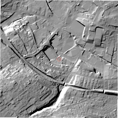 Shaded relief map of the ground around WF157FD, computed from Environment Agency LiDAR. The ground here sits at about 61 m above sea level and falls 46 m across the surrounding 800 m. Surface water reaching this point runs off ground lying to the west, 19.0 m higher.