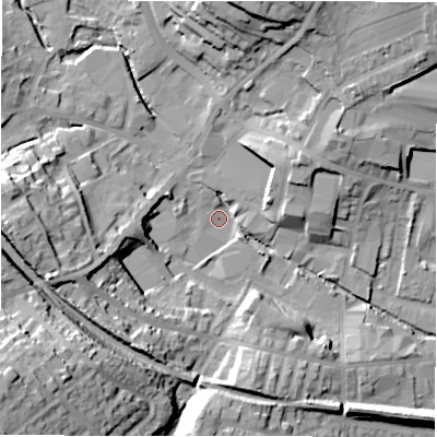 Shaded relief map of the ground around WF157FH, computed from Environment Agency LiDAR. The ground here sits at about 57 m above sea level and falls 44 m across the surrounding 800 m. Surface water reaching this point runs off ground lying to the west, 25.7 m higher.