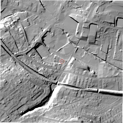 Shaded relief map of the ground around WF157HZ, computed from Environment Agency LiDAR. The ground here sits at about 61 m above sea level and falls 44 m across the surrounding 800 m. Surface water reaching this point runs off ground lying to the west-south-west, 11.4 m higher.