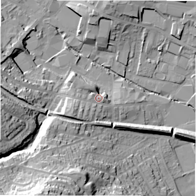 Shaded relief map of the ground around WF157JE, computed from Environment Agency LiDAR. The ground here sits at about 65 m above sea level and falls 50 m across the surrounding 800 m. Surface water reaching this point runs off ground lying to the south-west, 8.3 m higher.
