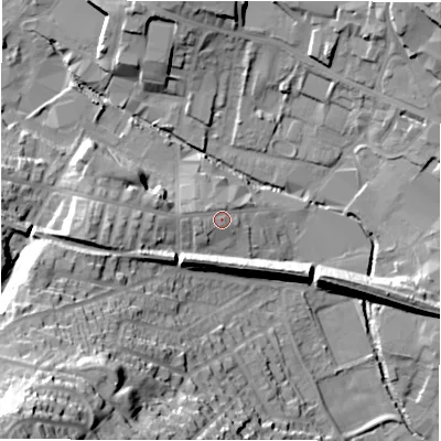 Shaded relief map of the ground around WF157JS, computed from Environment Agency LiDAR. The ground here sits at about 61 m above sea level and falls 54 m across the surrounding 800 m. Surface water reaching this point runs off ground lying to the west, 2.8 m higher.
