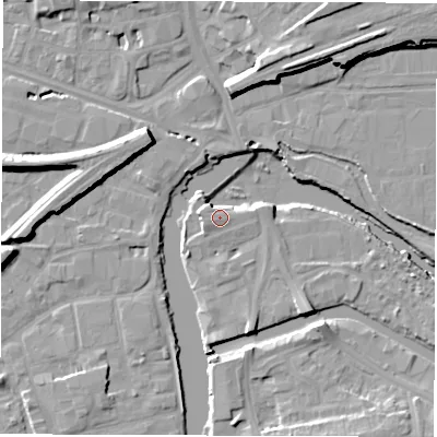 Shaded relief map of the ground around WF15AW, computed from Environment Agency LiDAR. The ground here sits at about 24 m above sea level and falls 12 m across the surrounding 800 m. Surface water reaching this point runs off ground lying to the west, 5.5 m higher.