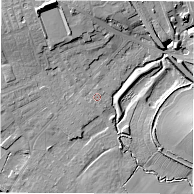 Shaded relief map of the ground around WF15BG, computed from Environment Agency LiDAR. The ground here sits at about 24 m above sea level and falls 16 m across the surrounding 800 m. Surface water reaching this point runs off ground lying to the south-south-east, 2.4 m higher.