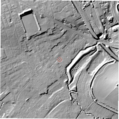 Shaded relief map of the ground around WF15BH, computed from Environment Agency LiDAR. The ground here sits at about 23 m above sea level and falls 16 m across the surrounding 800 m. Surface water reaching this point runs off ground lying to the south-west, 2.2 m higher.