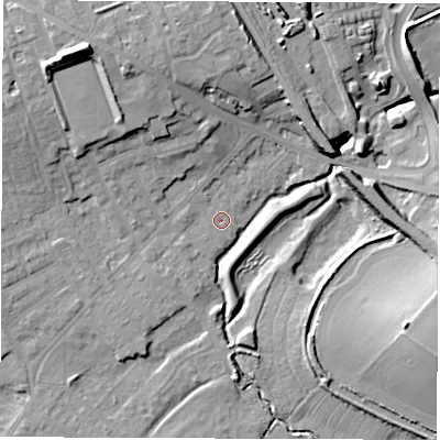 Shaded relief map of the ground around WF15BJ, computed from Environment Agency LiDAR. The ground here sits at about 23 m above sea level and falls 16 m across the surrounding 800 m. Surface water reaching this point runs off ground lying to the south-west, 2.4 m higher.